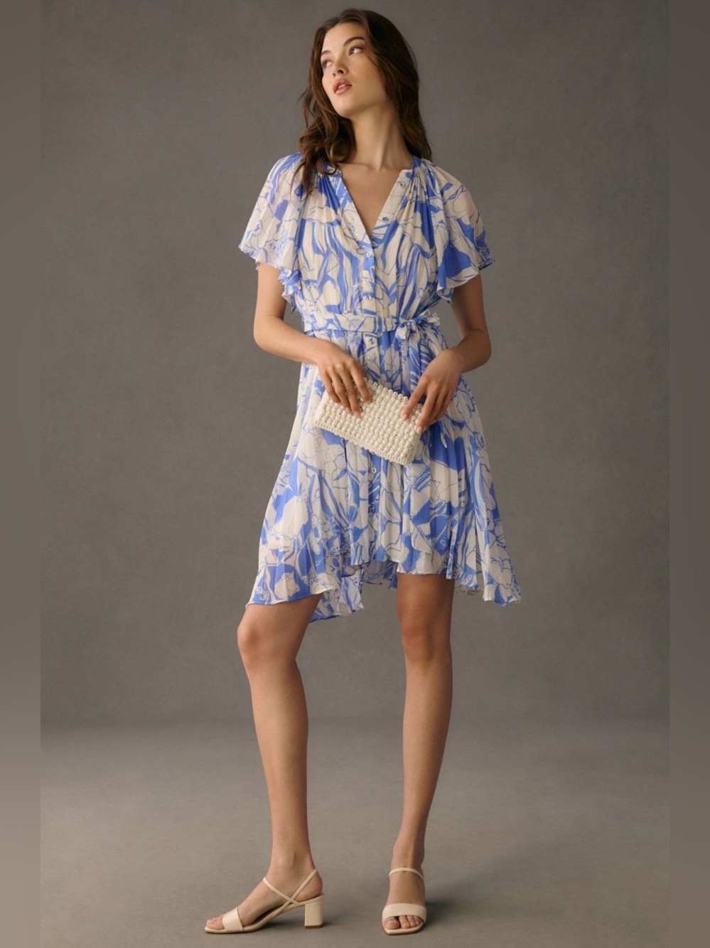 Anthropologie Blue and Cream Pleated Floral Mini Dress Size 2X